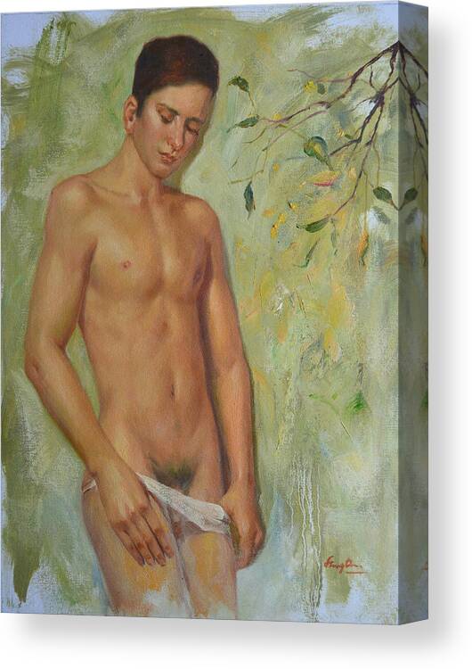 Original. Oil Painting Art Canvas Print featuring the painting Original man oil painting gay body art-young male nude in the autumn by Hongtao Huang
