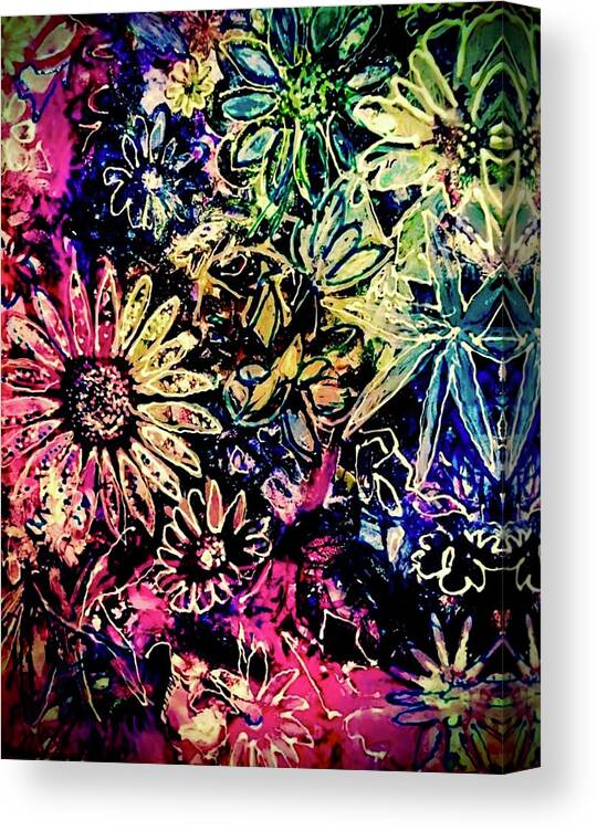 #colorful #flowers #alcohol Ink #leap4artnc #abstract #pink #blue #turquoise #green #petals Canvas Print featuring the painting Outlining Spring by Tommy McDonell