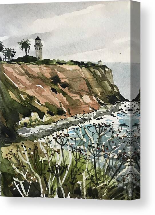 Paloverdes Canvas Print featuring the painting Palos Verdes Lighthouse by Luisa Millicent