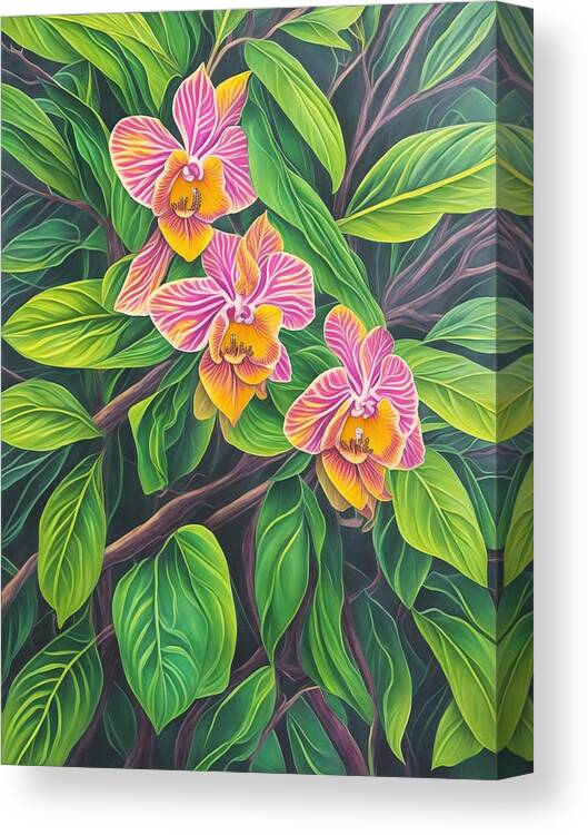 Pink Flowers Canvas Print featuring the digital art Pink Flowers on Green Leafs by Long Shot