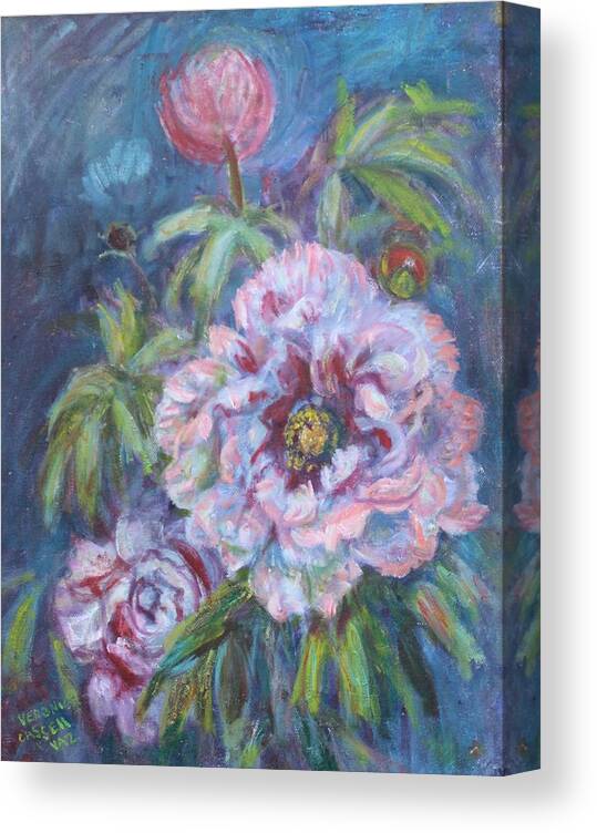 Garden Flowers Canvas Print featuring the painting Pink Peonies by Veronica Cassell vaz