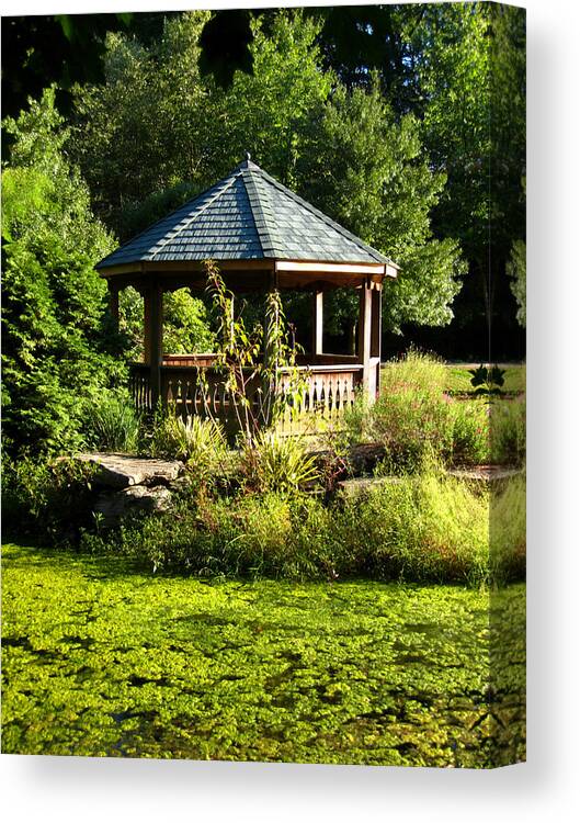 Tranquil Canvas Print featuring the photograph Pond and Gazebo in Golden Hour, Early Autumn by Steve Ember