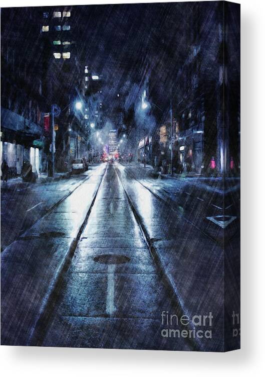 Weather Canvas Print featuring the digital art Rainy Night Downtown by Phil Perkins