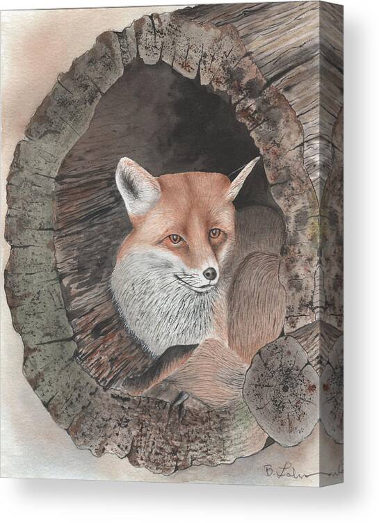 Red Fox Canvas Print featuring the painting Red Fox in Hollow Log by Bob Labno