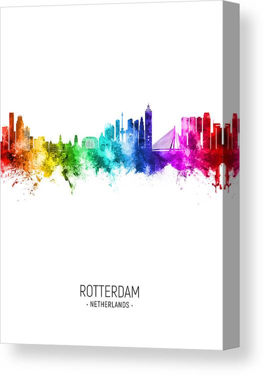 Rotterdam Canvas Print featuring the digital art Rotterdam The Netherlands Skyline #24b by Michael Tompsett