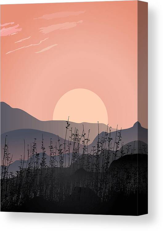 Posters Canvas Print featuring the drawing Scenic view of sunset in a desolate landscape, Mountains grass silhouette, Sunset sunrise mountain by Mounir Khalfouf