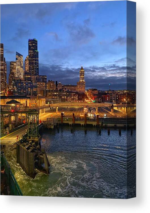 Sunrise Canvas Print featuring the photograph Seattle Ferry Landing by Jerry Abbott