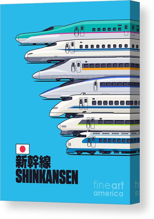 Train Canvas Print featuring the digital art Shinkansen Bullet Train Evolution - Cyan by Organic Synthesis
