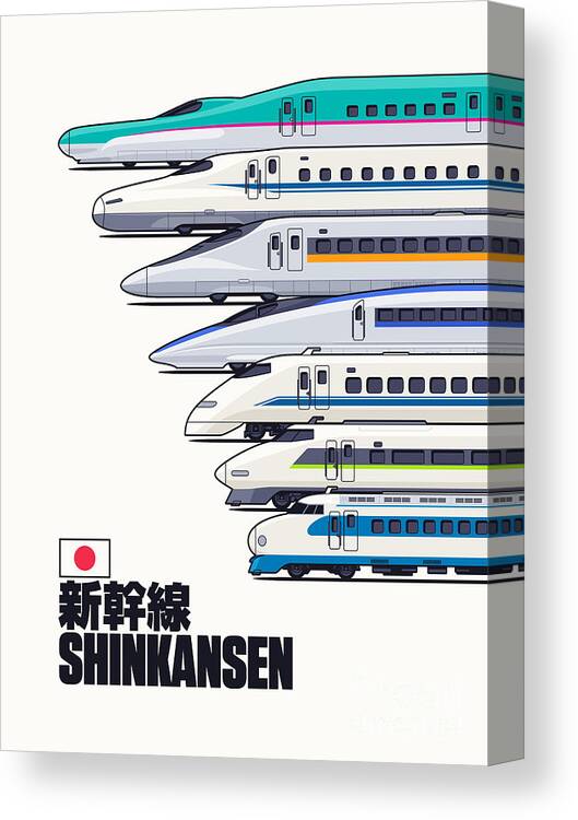 Train Canvas Print featuring the digital art Shinkansen Bullet Train Evolution - White by Organic Synthesis
