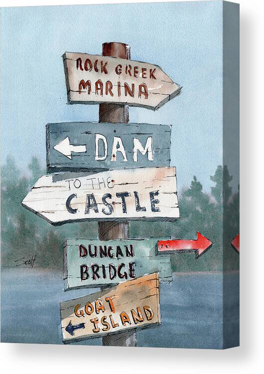Watercolor Canvas Print featuring the painting Sign Post #1 by Scott Brown
