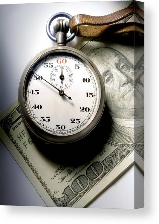 Two Objects Canvas Print featuring the photograph Stopwatch Hundred Dollar Bill by ATU Images