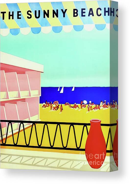 1960 Canvas Print featuring the drawing Sunny Beach Bulgaria Travel Poster 1960 by M G Whittingham