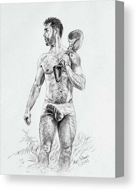 Homoerotic Art Canvas Print featuring the drawing Sweaty Landscaper by Marc DeBauch