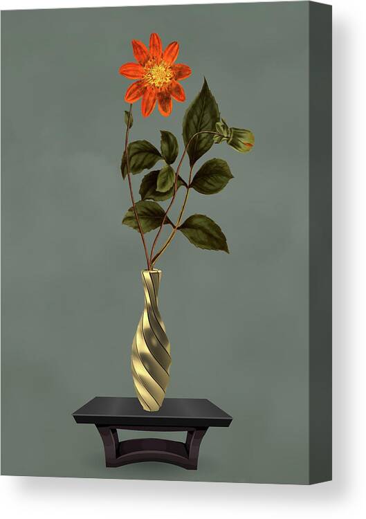 Scarlet Flowered Dahlia Canvas Print featuring the mixed media Swirled Silver Metal Vase with Flower by David Dehner