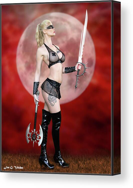 Cosplay Canvas Print featuring the photograph Sword Ax Fishnet And Boots by Jon Volden