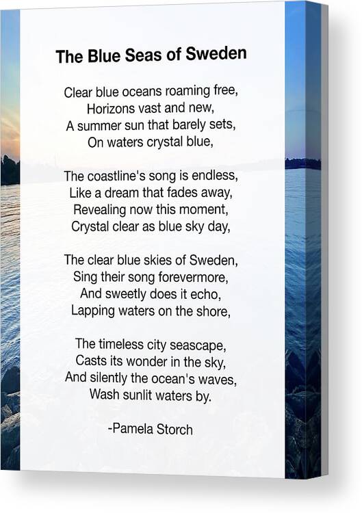 Pamela Storch Canvas Print featuring the digital art The Blue Seas of Sweden Poem by Pamela Storch
