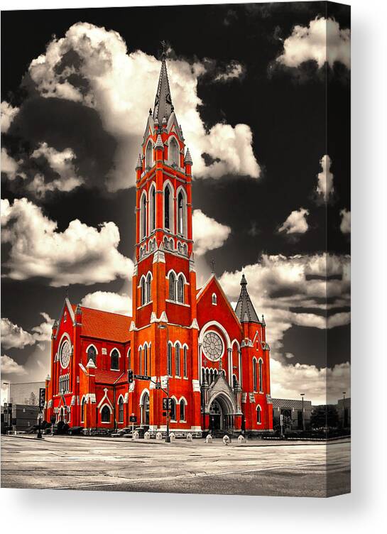 Cathedral Shrine Of The Virgin Of Guadalupe Canvas Print featuring the digital art The Cathedral Shrine of the Virgin of Guadalupe in Dallas, Texas, isolated on black and white by Nicko Prints