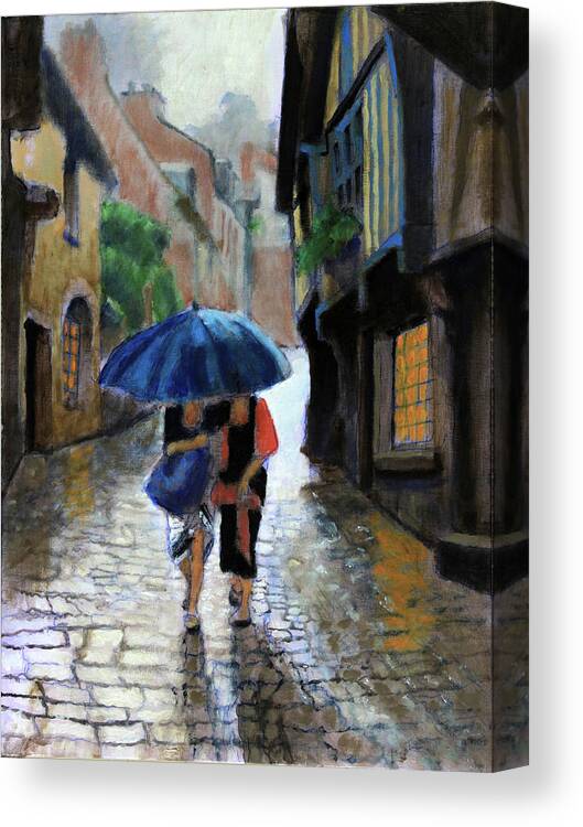 Two Women Share An Umbrella Canvas Print featuring the painting The Downpour by David Zimmerman