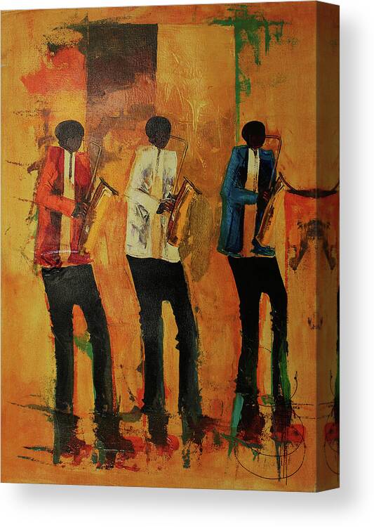  Canvas Print featuring the painting Three Saxo's In Time by Ndabuko Ntuli