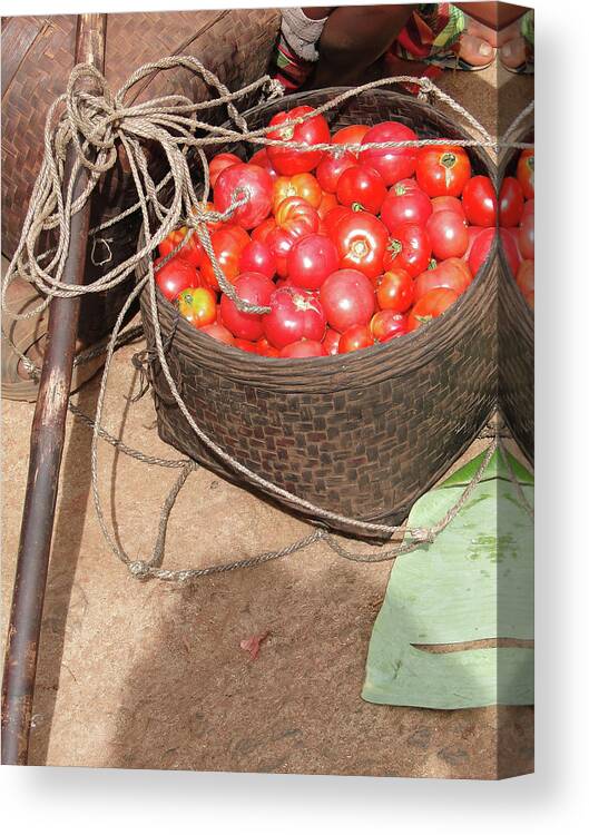 Pile Canvas Print featuring the photograph Tomatoes and other vegetables for sale by Steve Estvanik