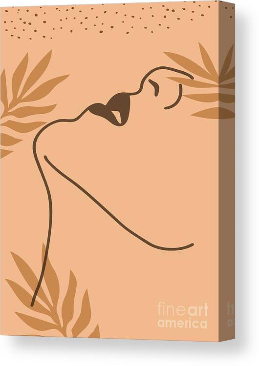 Modern Art Canvas Print featuring the drawing Tropical leaf womans eye line drawing, vintage retro wall art print, portrait illustration poster by Mounir Khalfouf