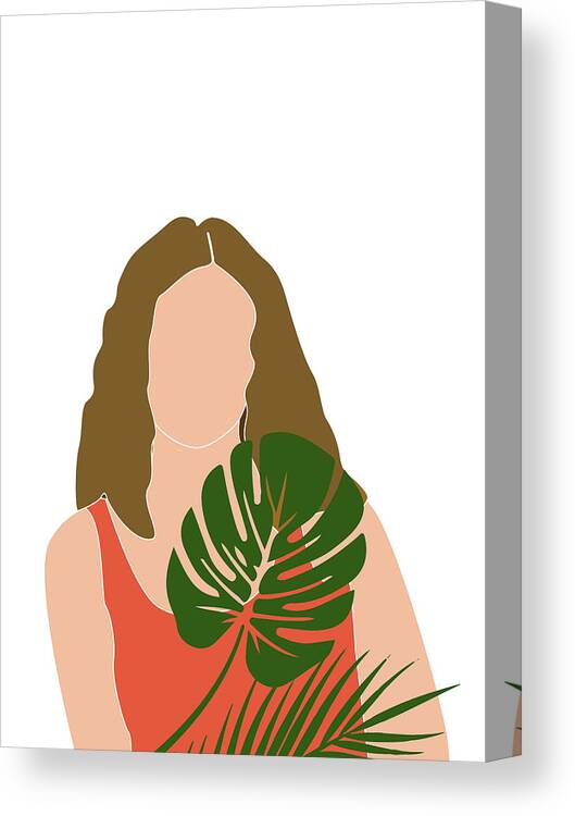 Tropical Canvas Print featuring the mixed media Tropical Reverie 18 - Modern, Minimal Illustration - Girl and Palm Leaves - Aesthetic Tropical Vibes by Studio Grafiikka