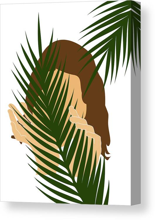 Tropical Canvas Print featuring the mixed media Tropical Reverie 2 - Modern, Minimal Illustration - Girl and Palm Leaves - Aesthetic Tropical Vibes by Studio Grafiikka