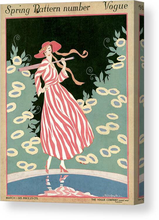 Illustration Canvas Print featuring the painting Vogue Cover Illustration Of A Woman Walking By A Pond by Helen Dryden