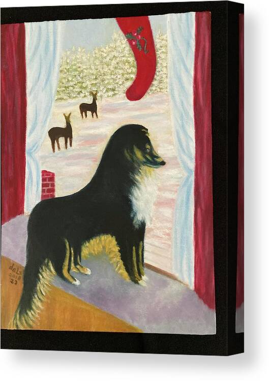  Shetland Sheep Dog Canvas Print featuring the painting Watching For Santa by Douglas Ann Slusher