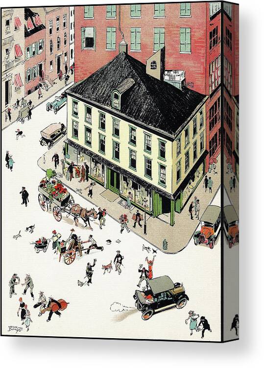 Tony Sarg Canvas Print featuring the drawing West Village - Sheridan Square - Iconic New York City scenes and sites by Tony Sarg