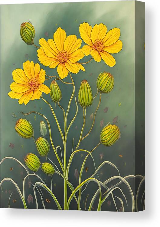 Plains Coreopsis Canvas Print featuring the digital art Yelloow Flowers Over Green by Long Shot