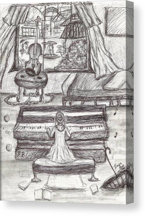 My Love For Rain Black White Girl Playing Piano Pen Drawing Canvas Print