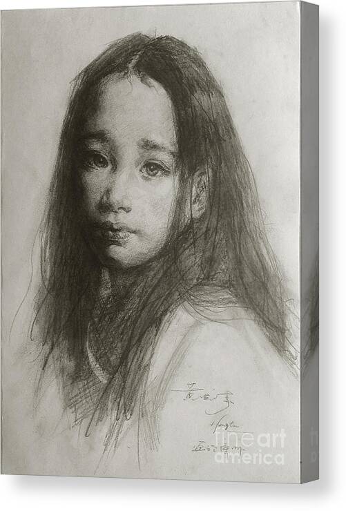 Original Pencil Sketch Art Portrait Of Chinese Beautiful Girl On Paper Canvas Print