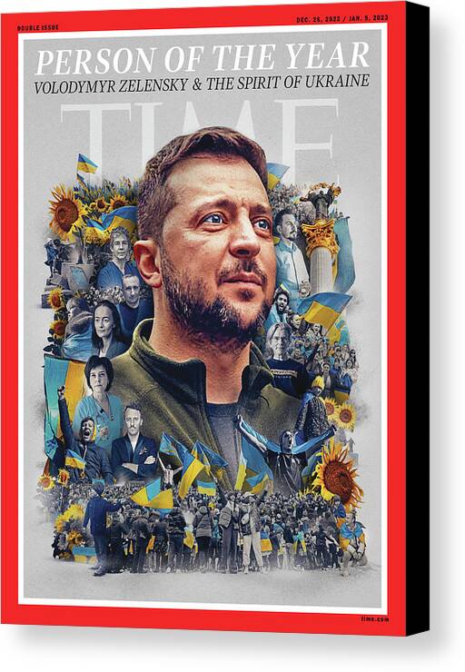 Person Of The Year Canvas Print featuring the photograph 2022 Person of the Year - Volodymyr Zelensky and the Spirit of Ukraine by Illustration by Neil Jamieson for TIME