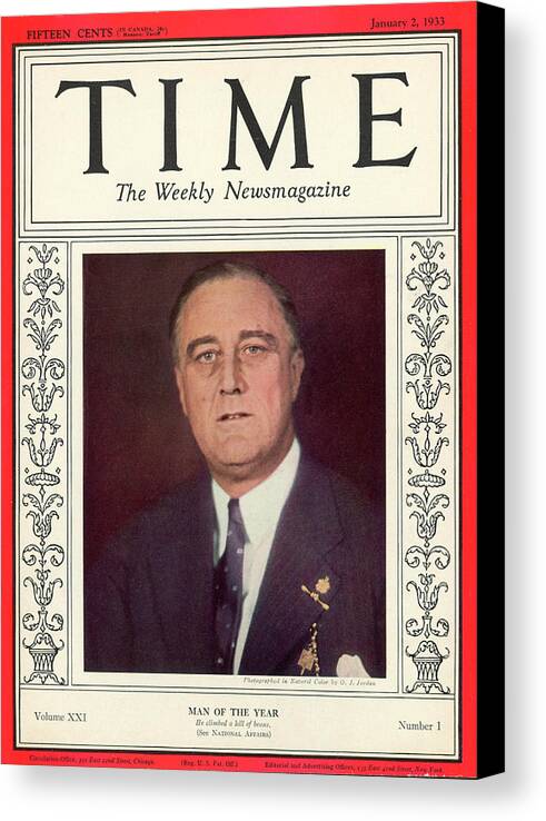 Nation Canvas Print featuring the photograph Franklin D. Roosevelt - Man of the Year 1933 by O J Jordan