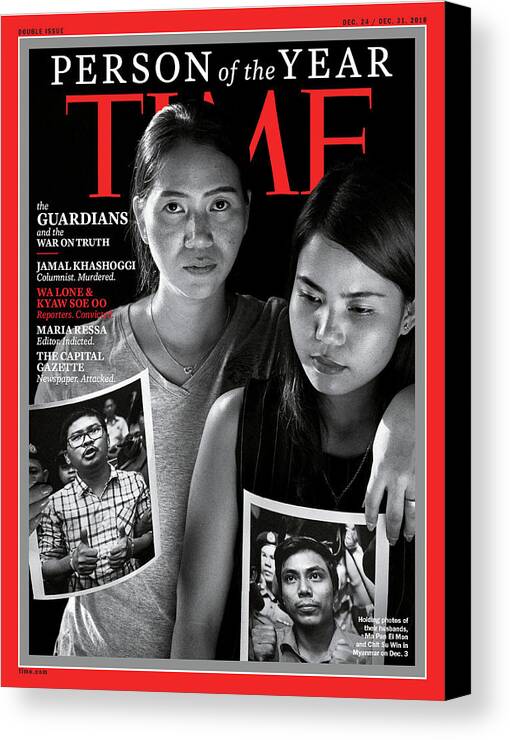 2018 Person Of The Year Canvas Print featuring the photograph 2018 Person of the Year The Guardians,The Capital Gazette by Photograph by Moises Saman Magnum Photos for TIME