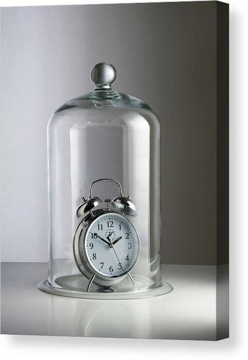 Alarm Clock Canvas Print featuring the photograph Alarm Clock Inside A Bell Jar #1 by Science Photo Library