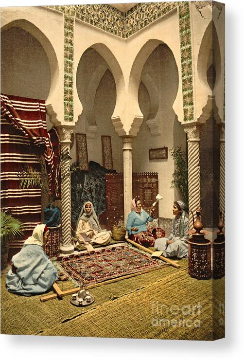 Algerian Carpet Makers 1899 Canvas Print featuring the photograph Algerian Carpet Makers 1899 #1 by Padre Art