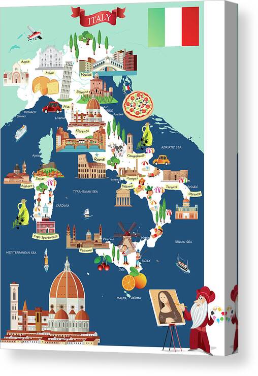 Adriatic Sea Canvas Print featuring the digital art Cartoon Map Of Italy by Drmakkoy