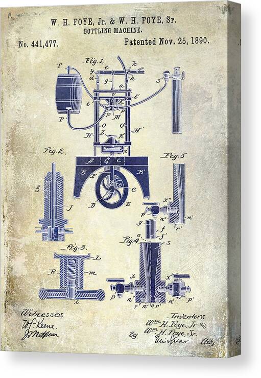 Patent Canvas Print featuring the photograph 1890 Wine Bottling Machine 2 Tone by Jon Neidert