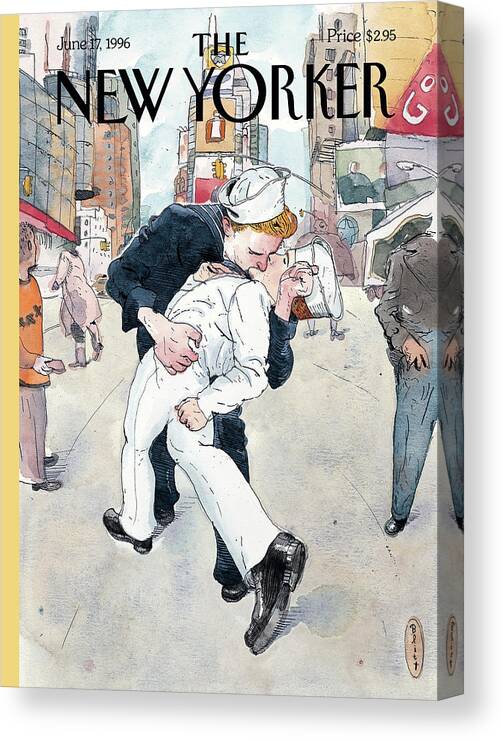 Don't Ask Canvas Print featuring the painting A Couple Reenacts A Famous World War II Kiss by Barry Blitt