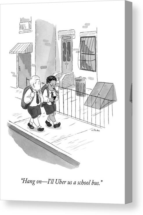 Children Canvas Print featuring the drawing A Grade Schooler Walks With His Friend And Uses by Emily Flake
