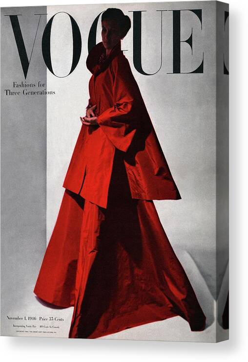 Fashion Canvas Print featuring the photograph A Vogue Cover Of A Woman Wearing A Red by Horst P. Horst
