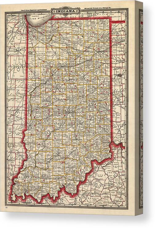 Indiana Canvas Print featuring the drawing Antique Map of Indiana by George Franklin Cram - 1888 by Blue Monocle