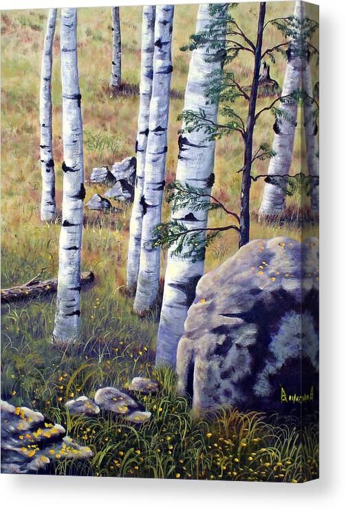 Aspens Trees Arizona Rockies Autumn Leaves Colors Nature Fall Outdoors Beautiful Beauty Forest Colorful Mountains Flora Outdoor Landscape Canvas Print featuring the painting Under the Aspens by Ray Nutaitis