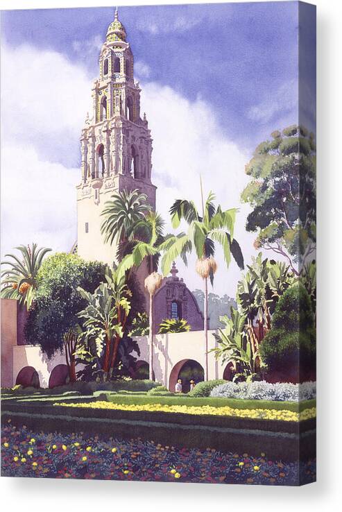 Bell Canvas Print featuring the painting Bell Tower in Balboa Park by Mary Helmreich
