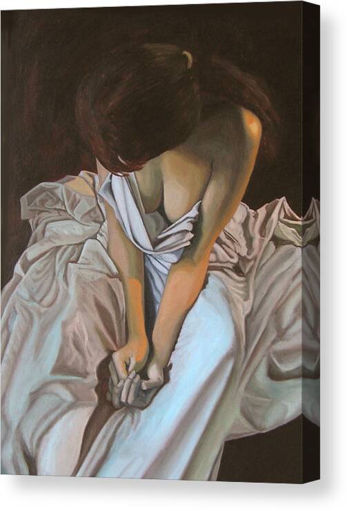 Woman Canvas Print featuring the painting Between the sheets by Thu Nguyen