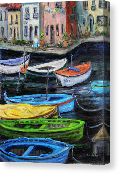 Village Canvas Print featuring the painting Boats in front of the Buildings II by Xueling Zou