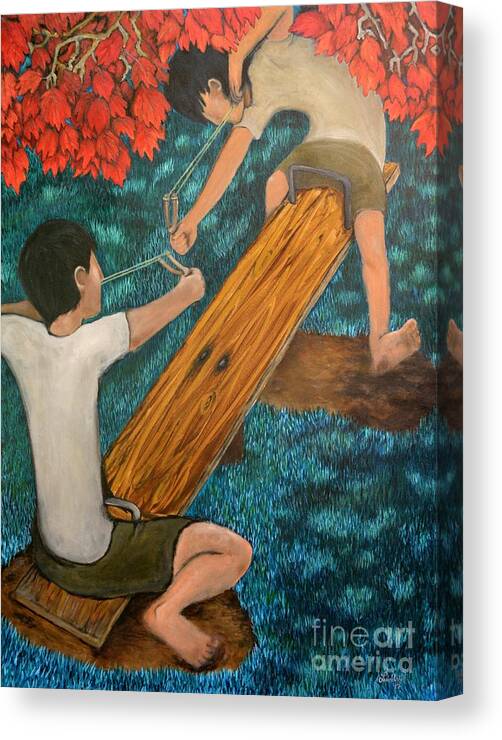 Teeter Totter Canvas Print featuring the painting Boys Play by Leandria Goodman