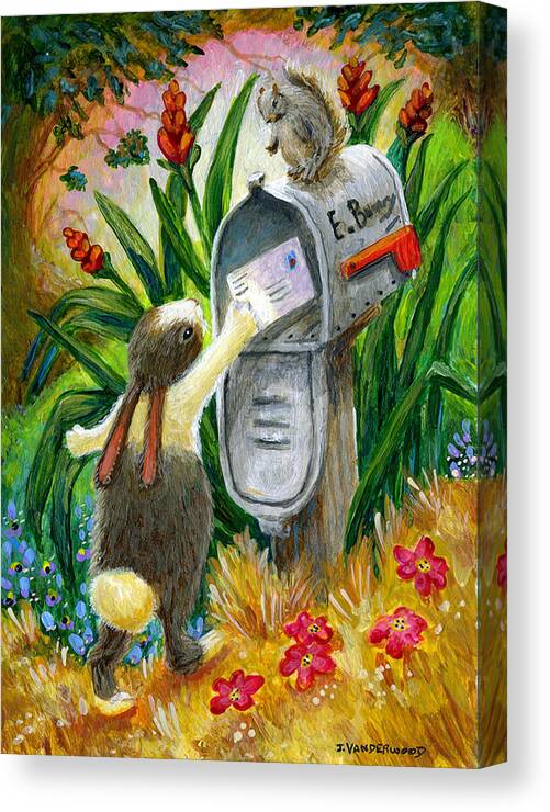 Bunny Canvas Print featuring the painting Bunny Mails a Letter by Jacquelin L Westerman